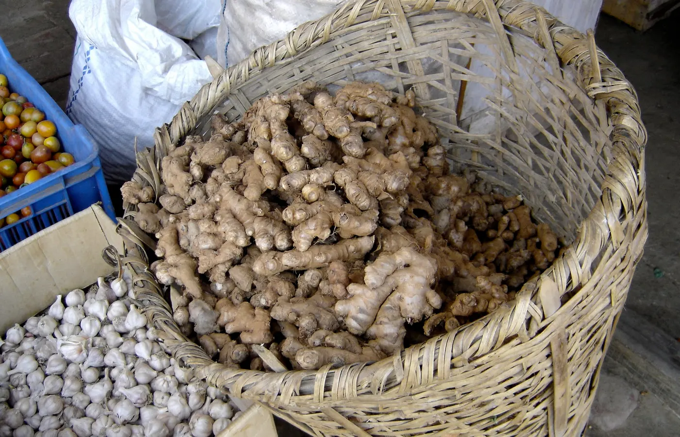 Fresh ginger in a wicker basket - most important spice in Nepali cooking.