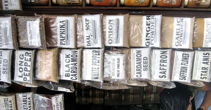 Display of ground spice packets in Ason Tole, Kathmandu, Nepal.