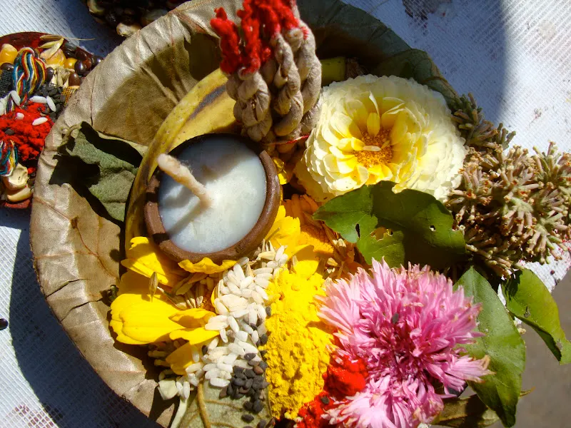 Close-up look of religious offerings placed in the tapari plates outside the Budhanilkantha Temple, Kathmandu.