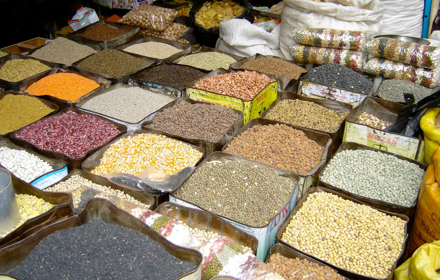 Bulk Food open marketplace at Ason Tole, Kathmandu, offers a wide variety of beans, lentils, peas, rice, pressed rice flakes, grains, spices, dried fruits, nuts, and many different variety of flours.