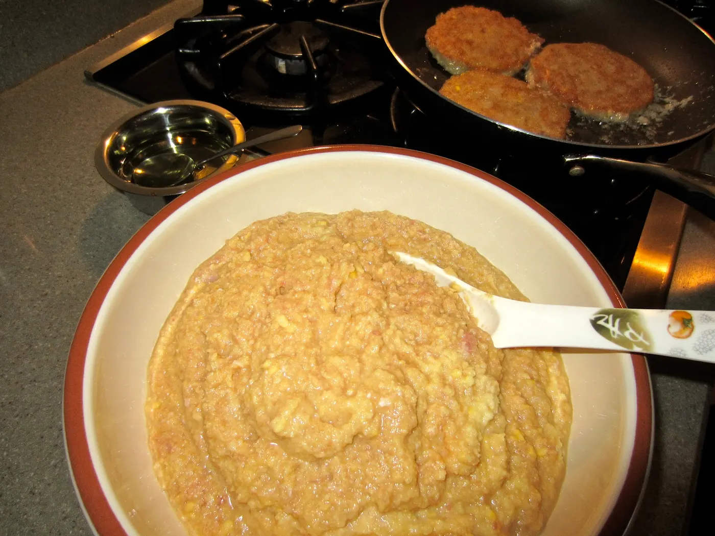Place the batter in a bowl and add all the above ingredients and whisk until it is light and spongy. Cover the bowl and allow the mixture to rest at room temperature for at least 10 minutes.