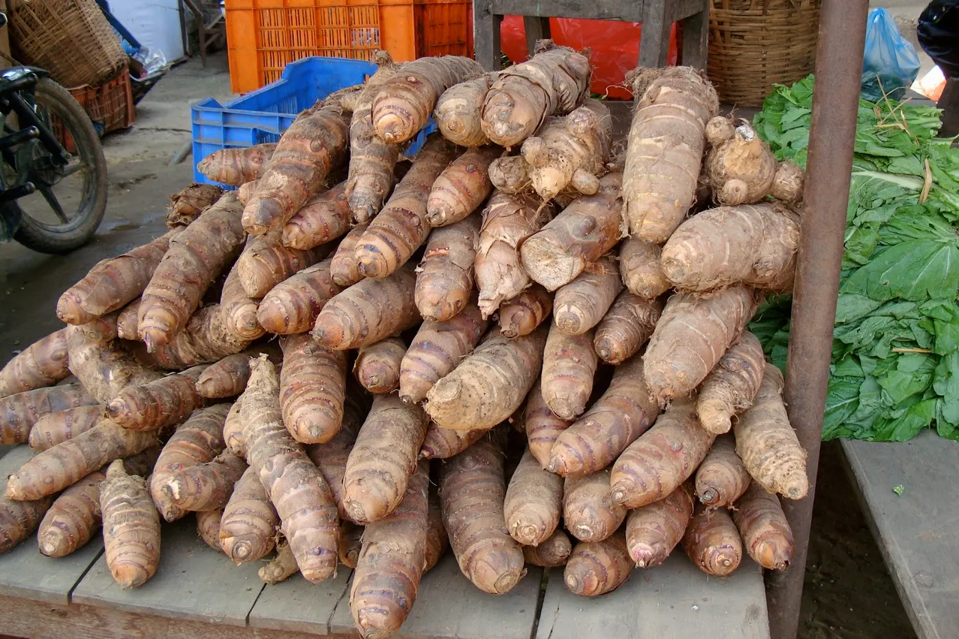 This variety of Taro tubers were displayed in the Nepali vegetable markets for sale.