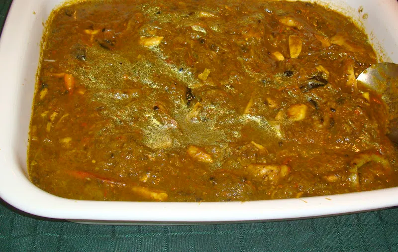 Close up look of karkalo ko tarkaari (taro leaf curry).