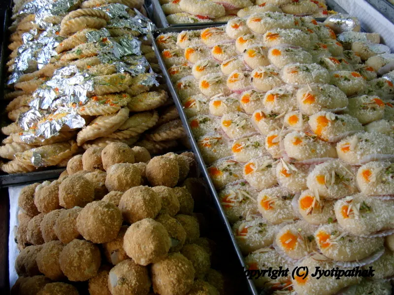 Beautiful display of Assorted Nepali sweets at the local Haluawi Pasal (sweet shop) - a feast to your eyes!