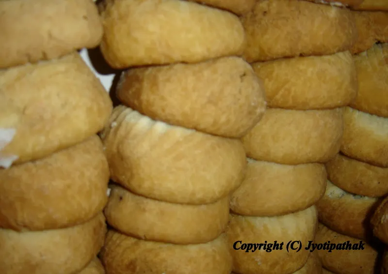 Khajuri - खजुरी - is a popular and favorite tea time sweet snacks of Kathmandu, cookies are displayed at a sweet shop.