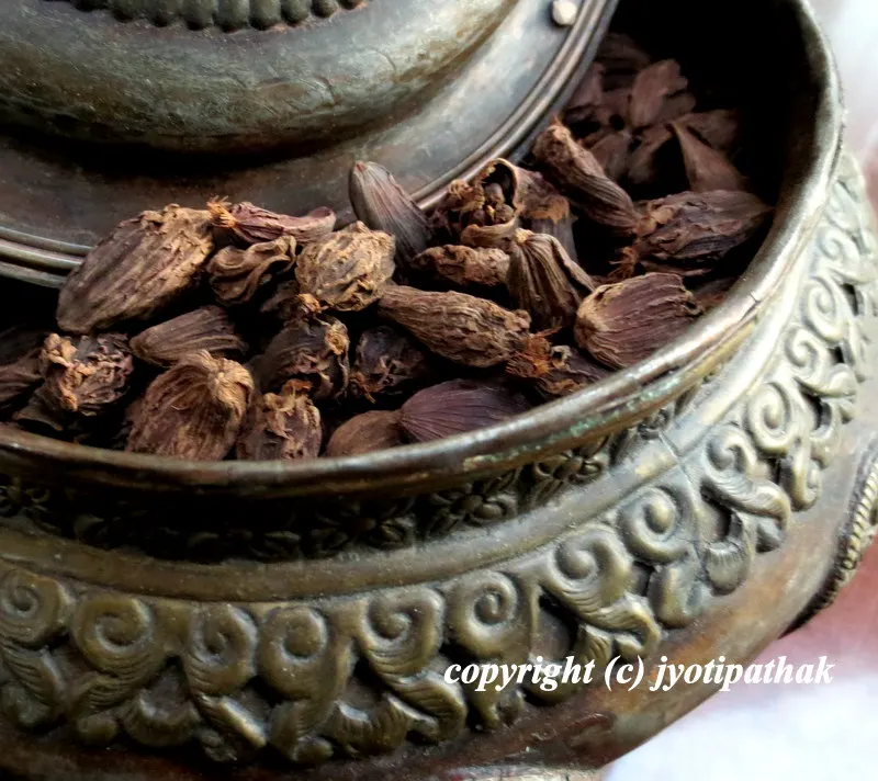 Here is a picture of fully dried Black Cardamom Pods serving in a decorative container for after-dinner chew - a symbol of Nepali hospitality.