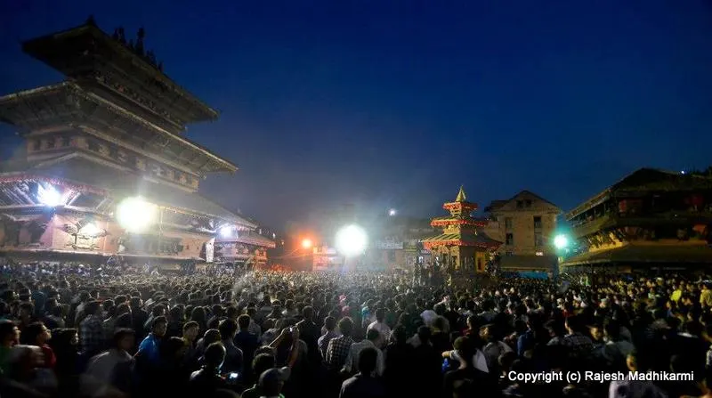 ... night time view of the chariot being pulled at the Bhaktapur courtyard area and the narrow stone-paved streets - no one should miss the festival of Bisket Jatra ...