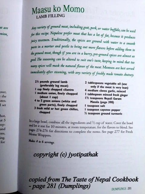 Recipe for ground lamb-filled momos - recipe copied from the book "Taste of Nepal" - page 281 (under Dumplings).