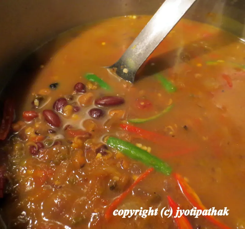 Close-up view of slow simmering. For variation, you may add ground meat or momo dumplings in the soup.