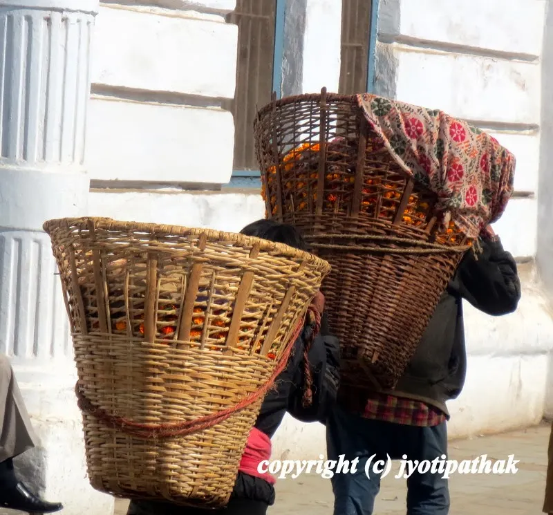 Image of two doko carriers (woven wicker cone-shaped baskets) carrying fruits, flowers, and other items used for the festival of Bijaya Dashami.