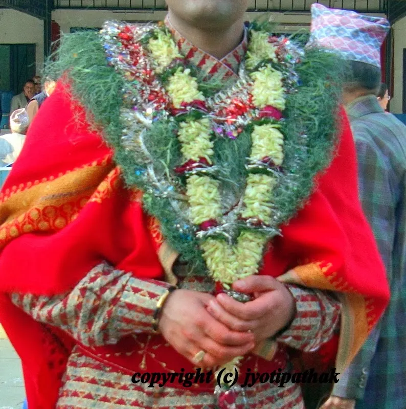 Image of traditional Nepali wedding ceremony - the dubo ko Maalaa is placed around the groom's neck which symbolizes everlasting relationship forever.